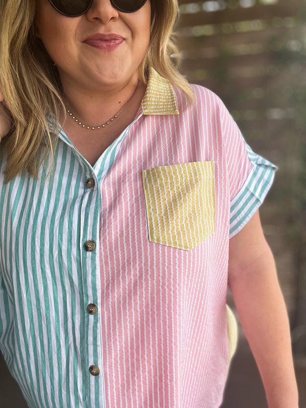 "Take Me Out to the Ballgame" Curvy Striped Button Up