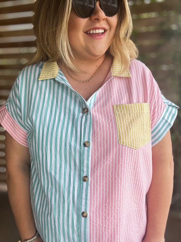 "Take Me Out to the Ballgame" Curvy Striped Button Up