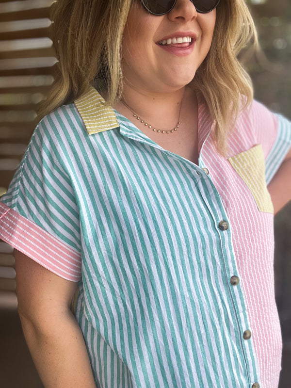 "Take Me Out to the Ballgame" Curvy Striped Button Up