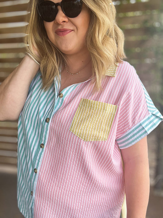"Take Me Out to the Ballgame" Curvy Striped Button Up
