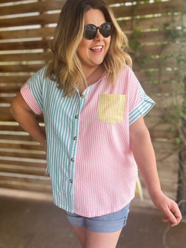 "Take Me Out to the Ballgame" Curvy Striped Button Up