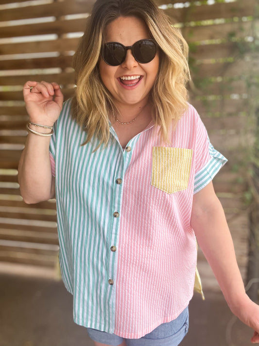 "Take Me Out to the Ballgame" Curvy Striped Button Up