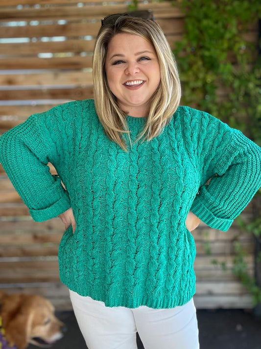 "The Snuggle is Real" Curvy Green Cable Knit Sweater