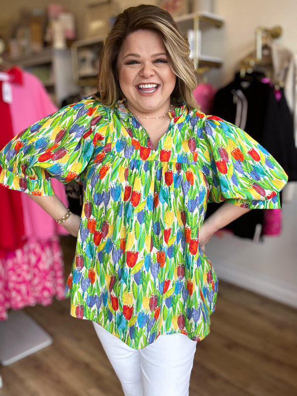 "Tiptoe Through the Tulips" Curvy Floral Blouse