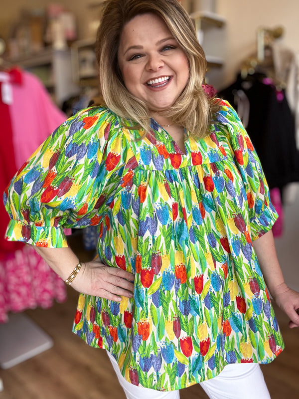 "Tiptoe Through the Tulips" Curvy Floral Blouse