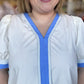 "Wave on Wave" Curvy Cream & Blue Bow Sleeve Top