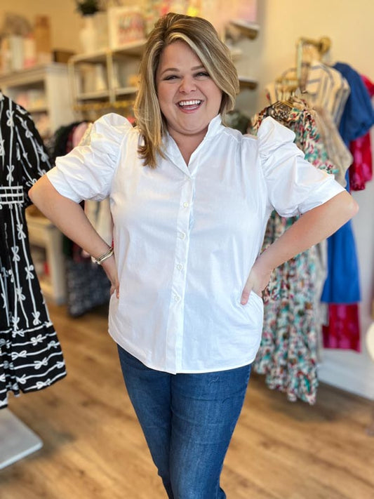 "White Like Snow" Plus-Size Puff Sleeve Button Blouse