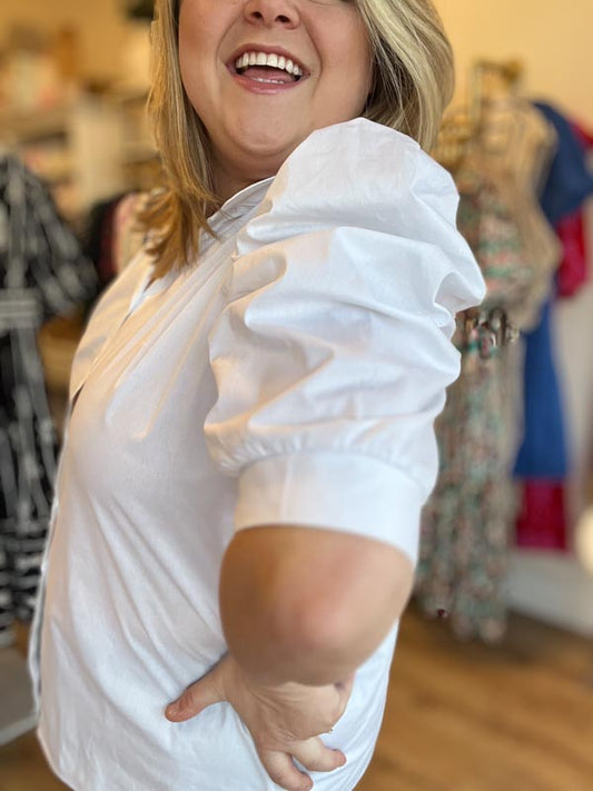 "White Like Snow" Plus-Size Puff Sleeve Button Blouse
