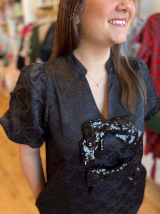 "Wrap Me Up" Black Jacquard Bow Dress