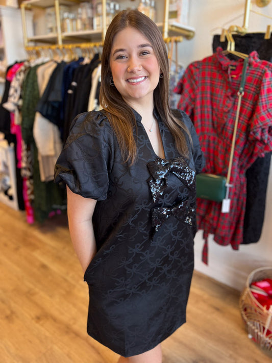 "Wrap Me Up" Black Jacquard Bow Dress