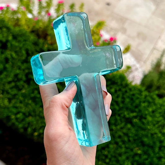 "Keep Shining" Aqua Glass Cross in Gift Box
