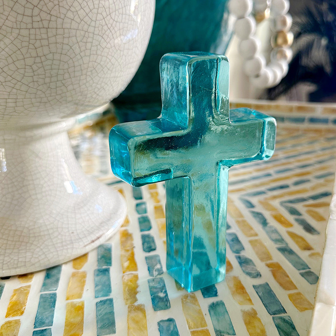 "Keep Shining" Aqua Glass Cross in Gift Box