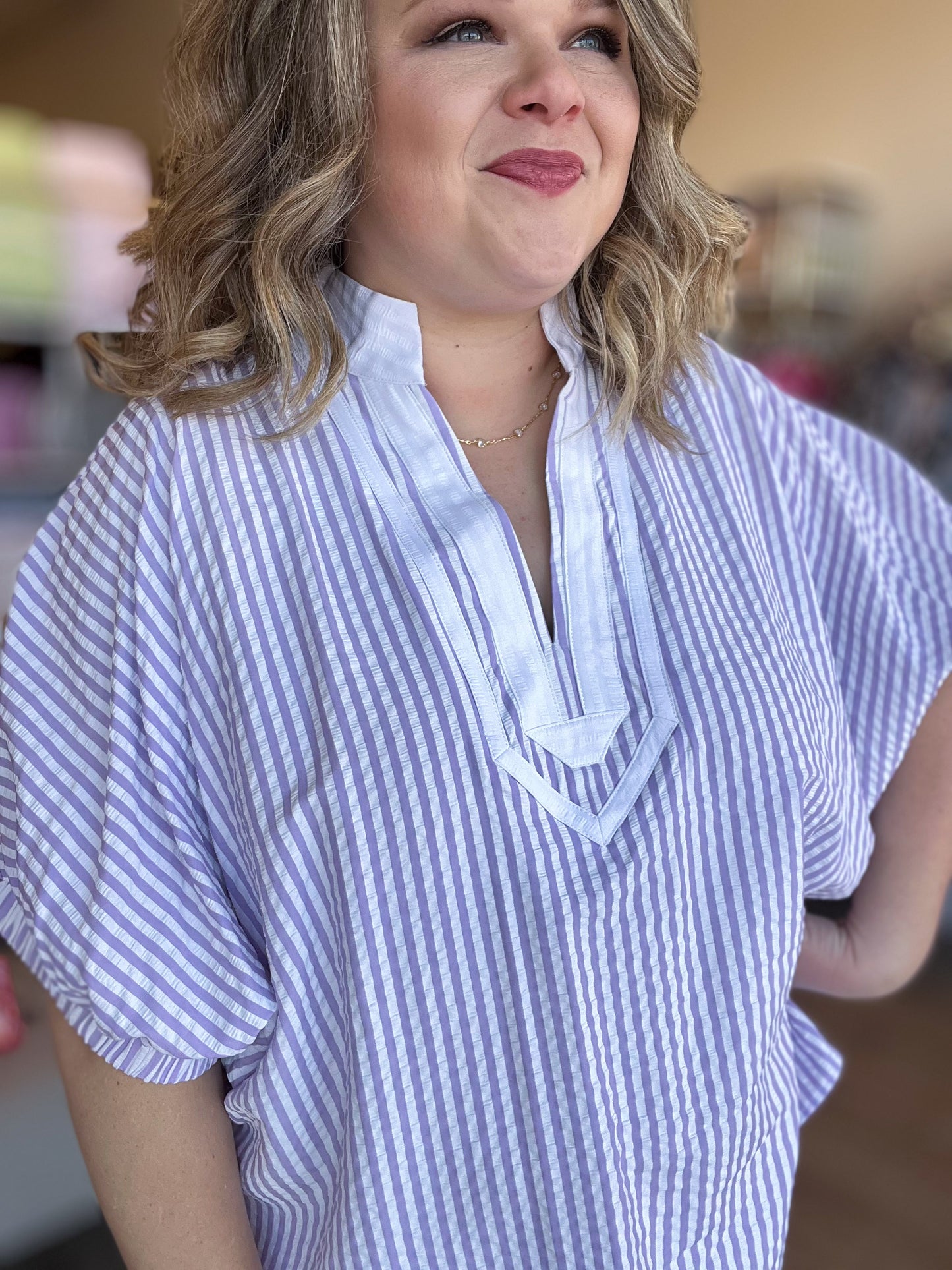 Lavender Haze Curvy Dolman Stripe Top