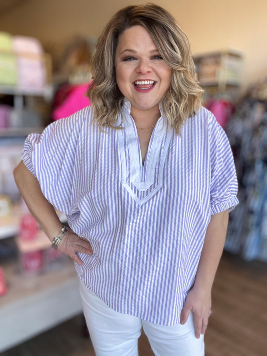Lavender Haze Curvy Dolman Stripe Top