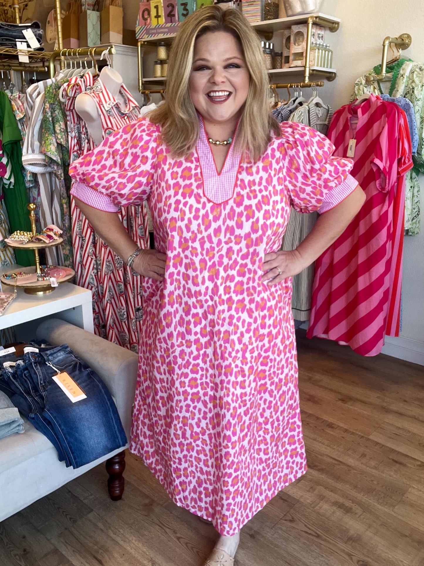 Leopard Luxe Curvy Gingham Trim Midi Dress