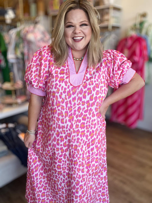 Leopard Luxe Curvy Gingham Trim Midi Dress