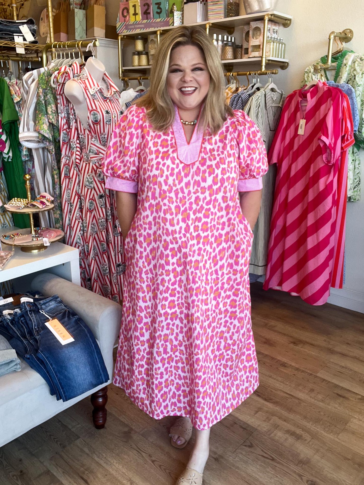 Leopard Luxe Curvy Gingham Trim Midi Dress
