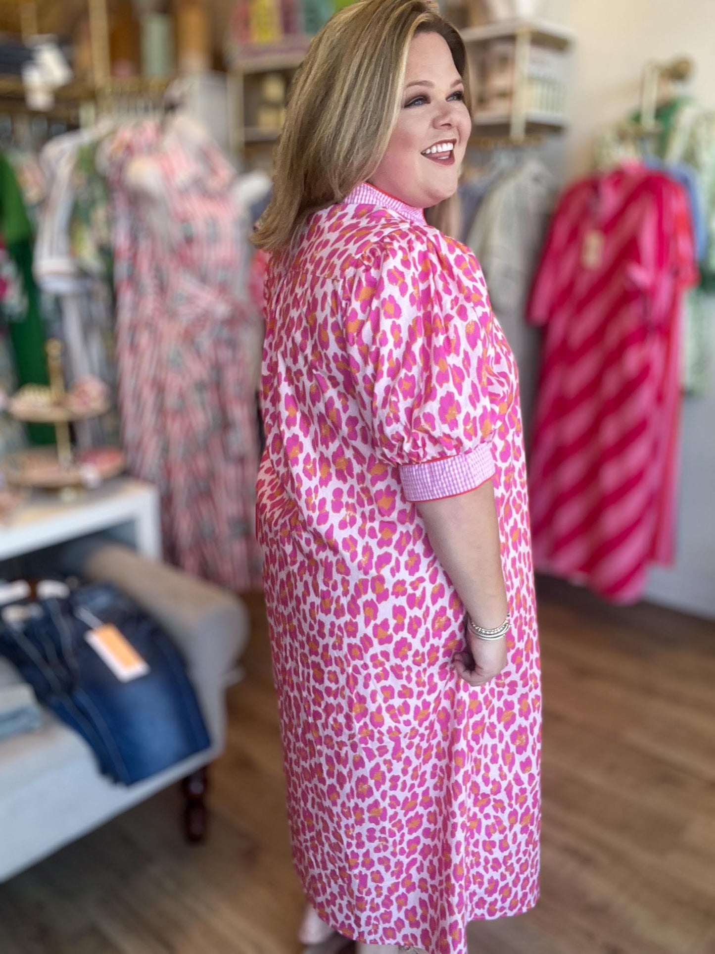 Leopard Luxe Curvy Gingham Trim Midi Dress