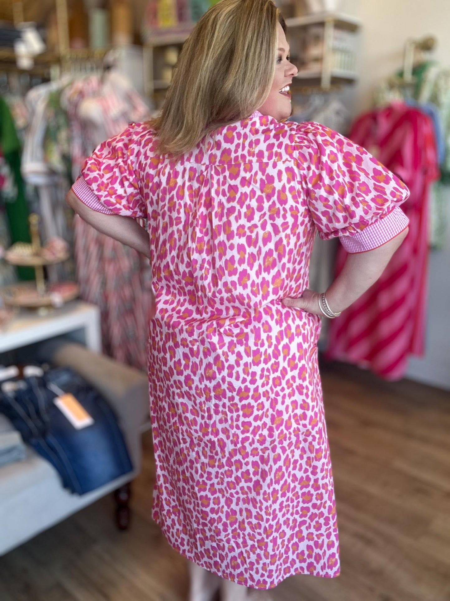 Leopard Luxe Curvy Gingham Trim Midi Dress