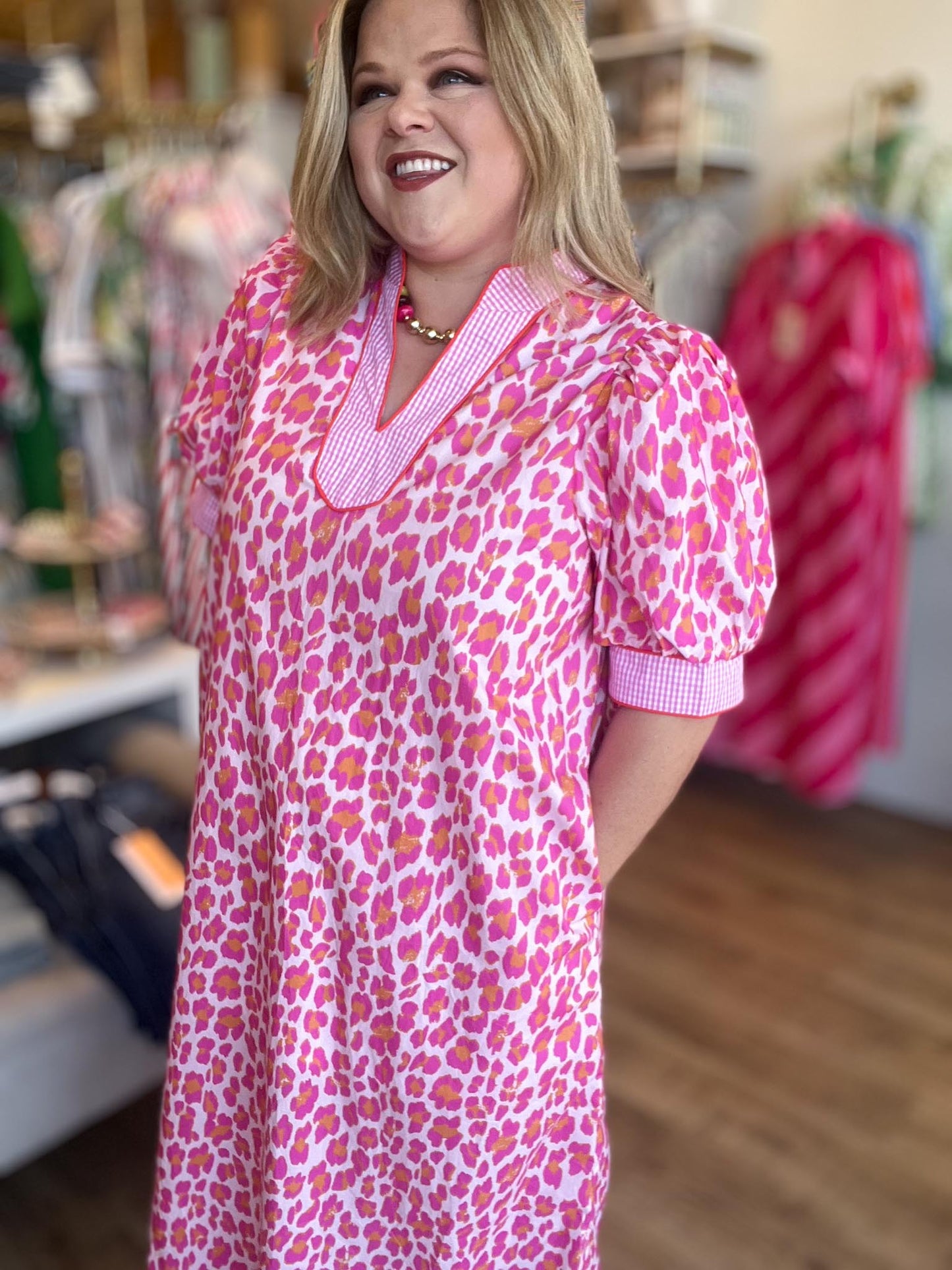 Leopard Luxe Curvy Gingham Trim Midi Dress