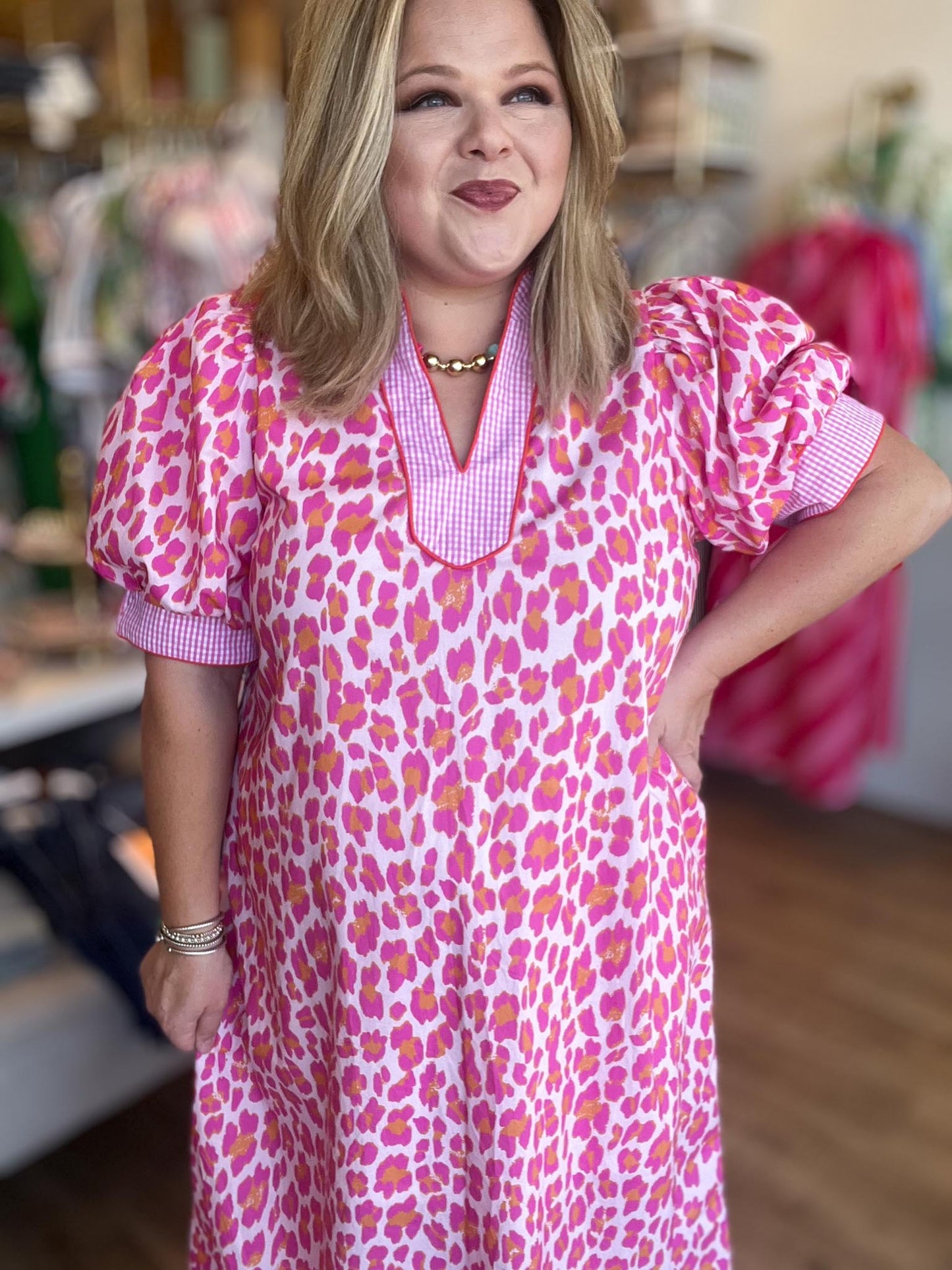 Leopard Luxe Curvy Gingham Trim Midi Dress