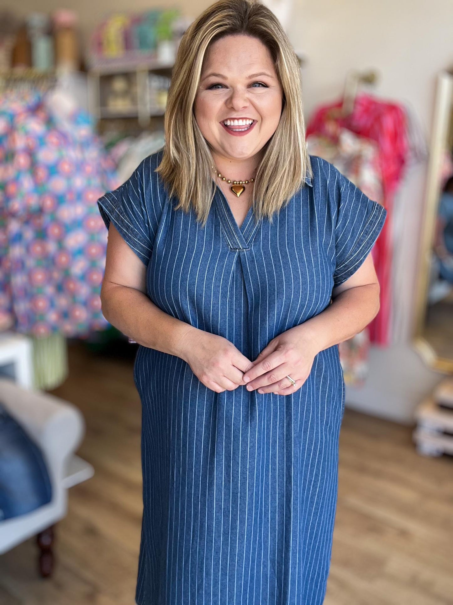 Liberty Belle Curvy Pinstripe Denim Midi Dress