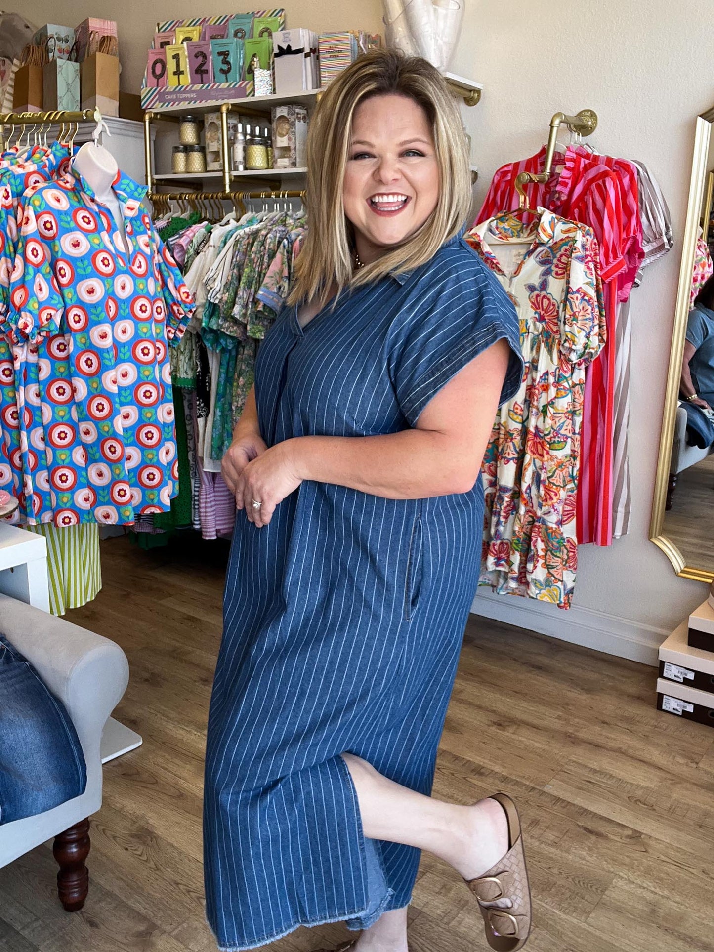 Liberty Belle Curvy Pinstripe Denim Midi Dress
