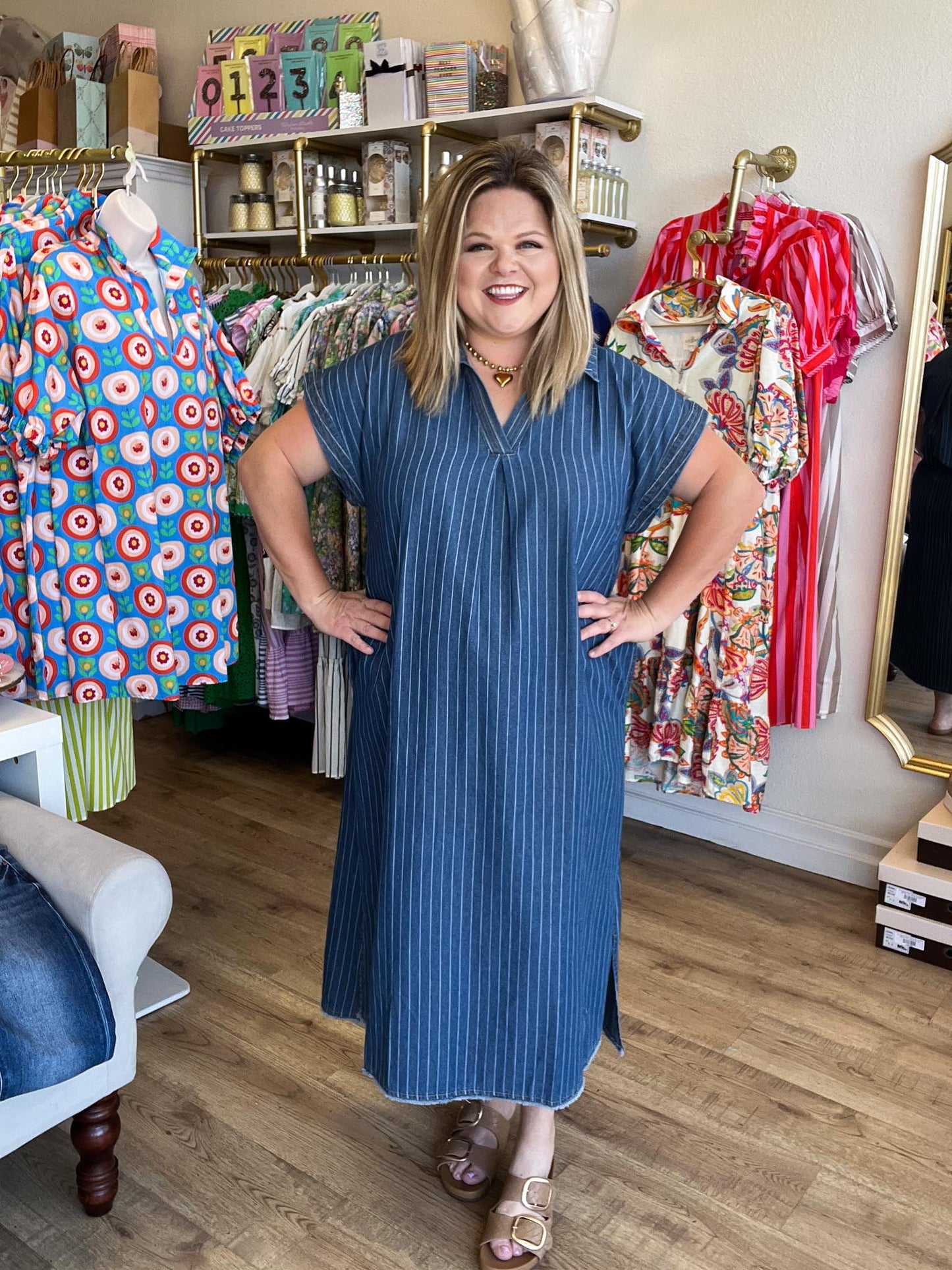 Liberty Belle Curvy Pinstripe Denim Midi Dress