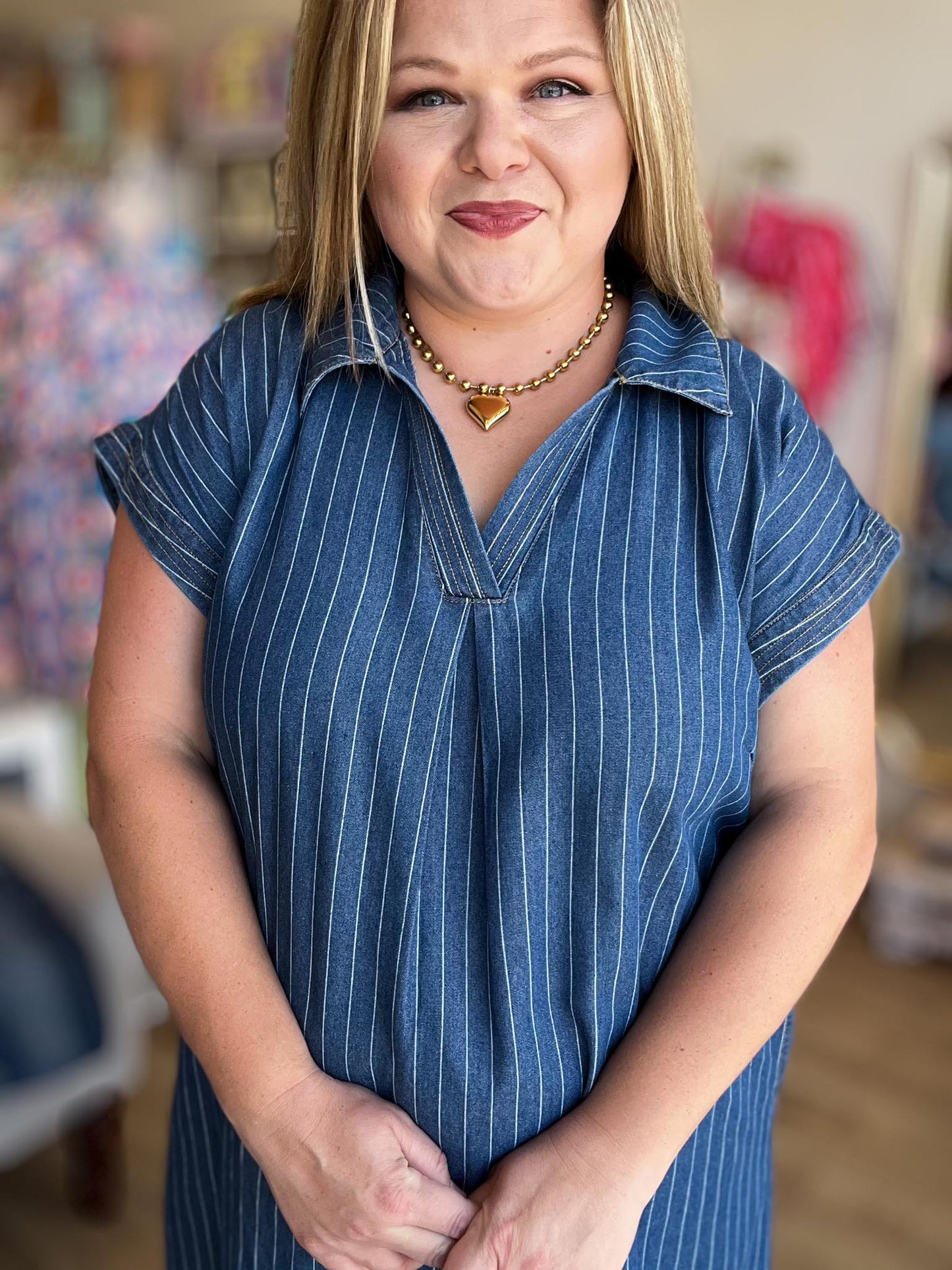 Liberty Belle Curvy Pinstripe Denim Midi Dress