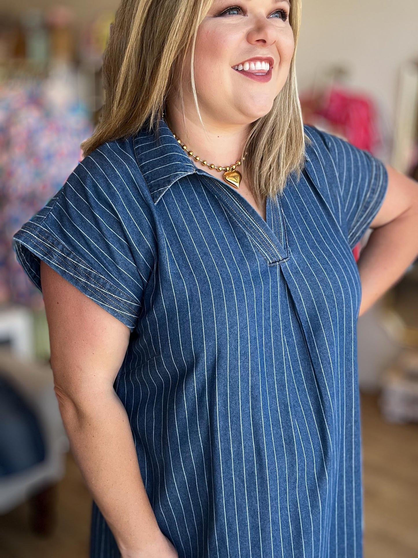 Liberty Belle Curvy Pinstripe Denim Midi Dress