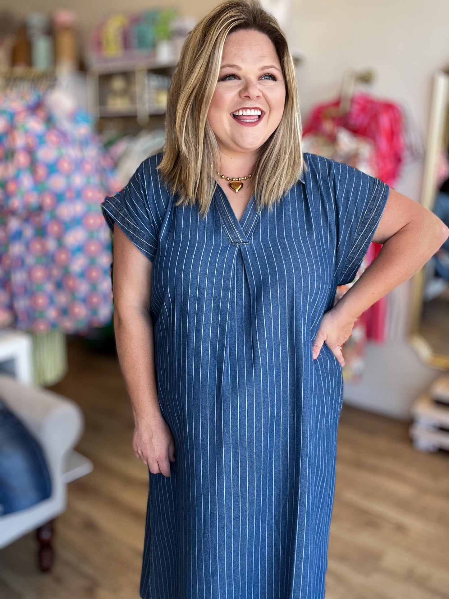 Liberty Belle Curvy Pinstripe Denim Midi Dress