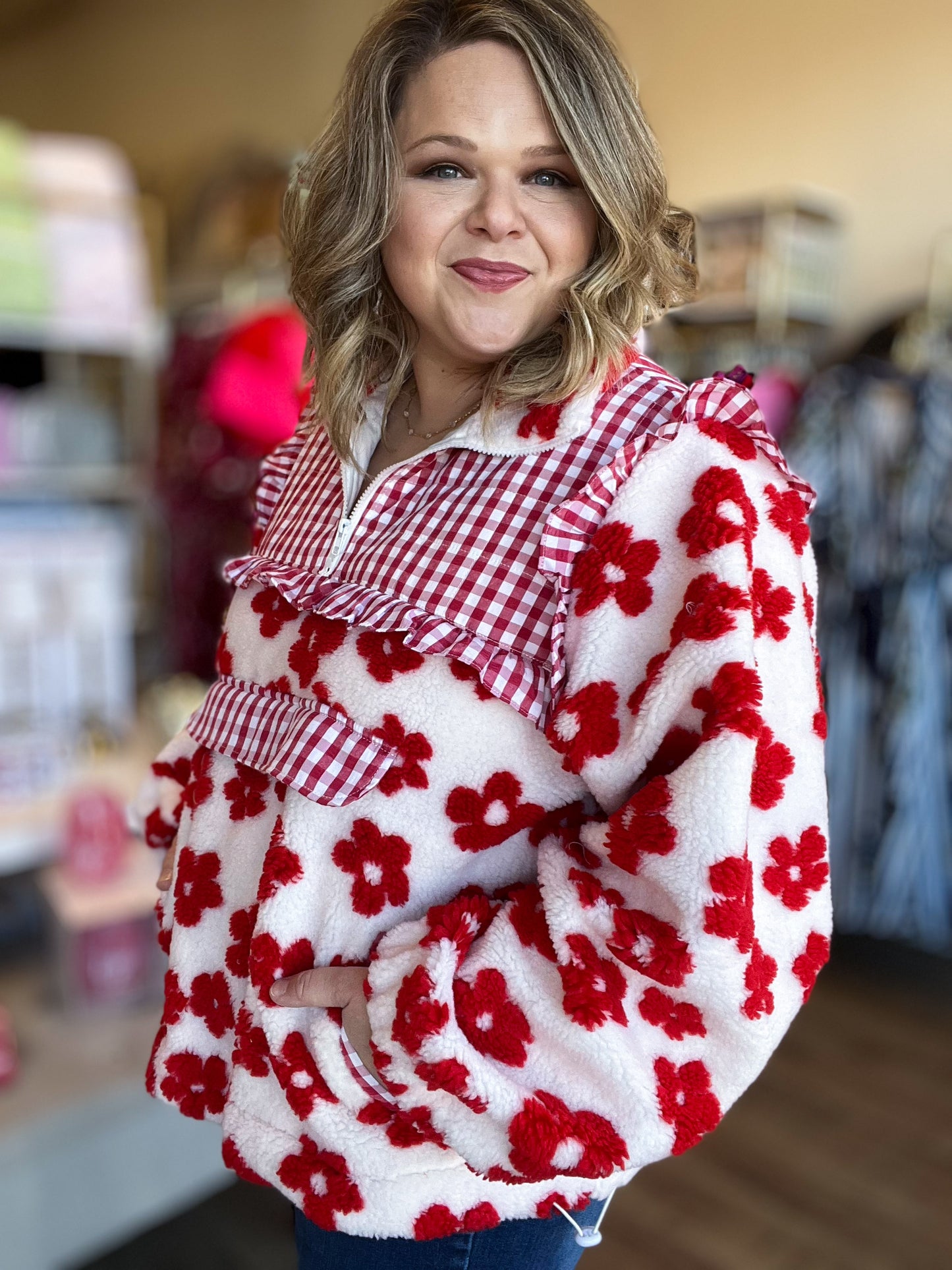 RESTOCKED! Life's a Picnic Plus-Size Gingham Floral Half Zip