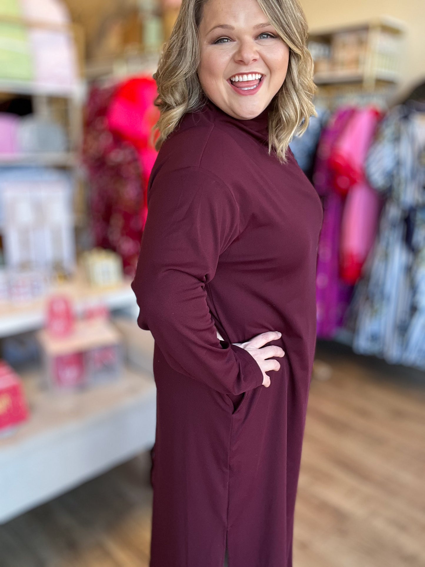 Like a Fine Wine Curvy Burgundy Long Sleeve Midi Dress
