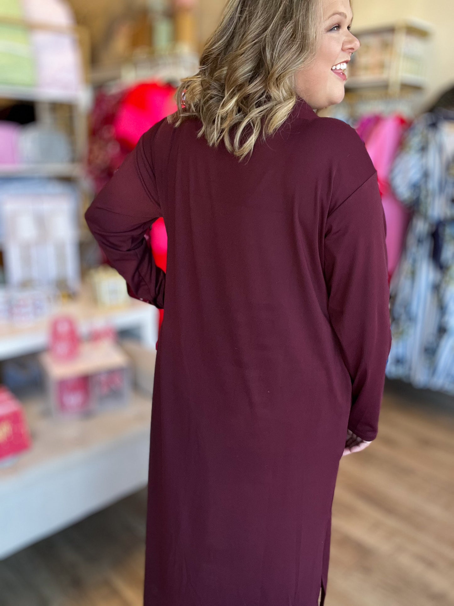 Like a Fine Wine Curvy Burgundy Long Sleeve Midi Dress