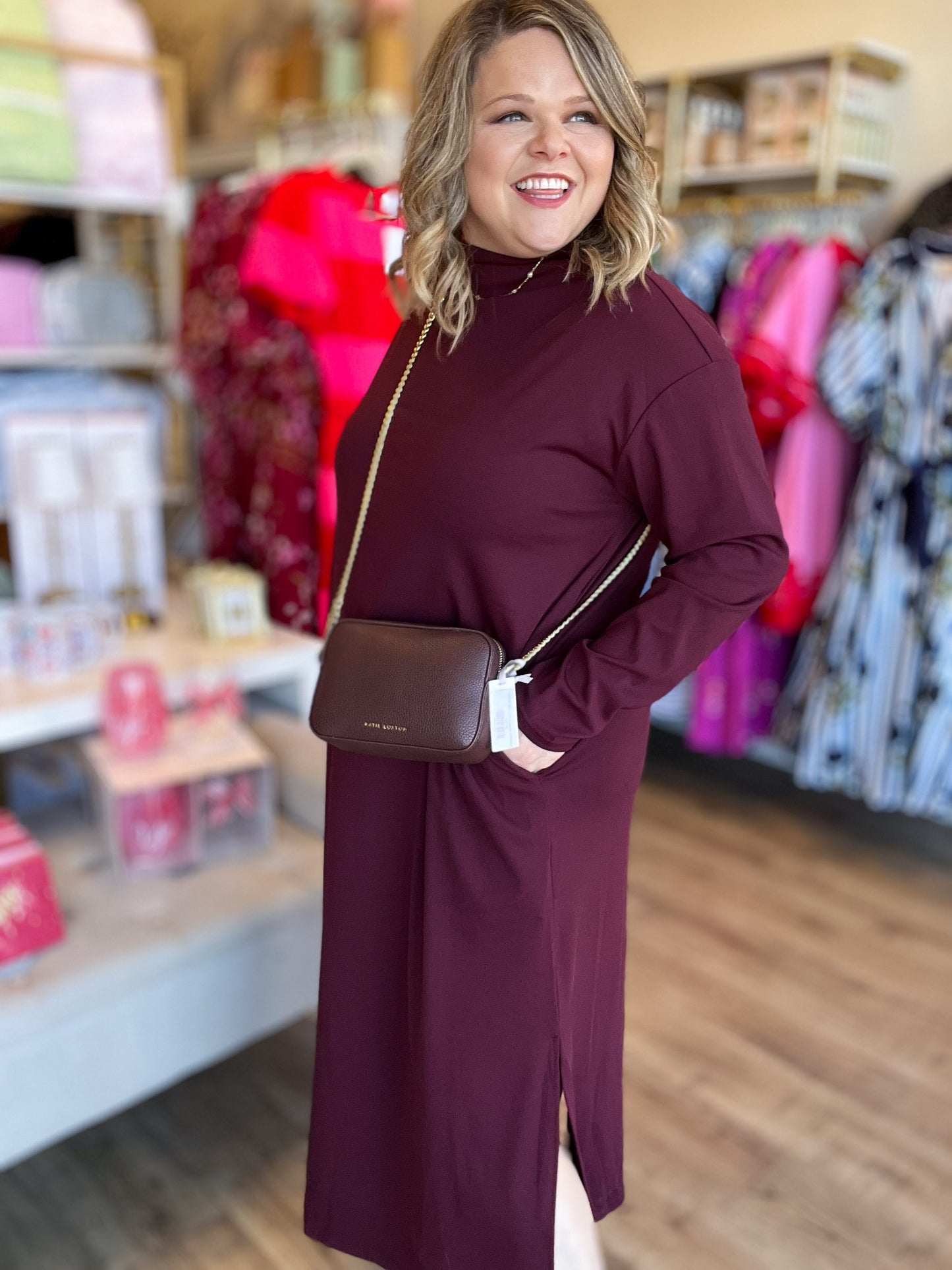 Like a Fine Wine Curvy Burgundy Long Sleeve Midi Dress