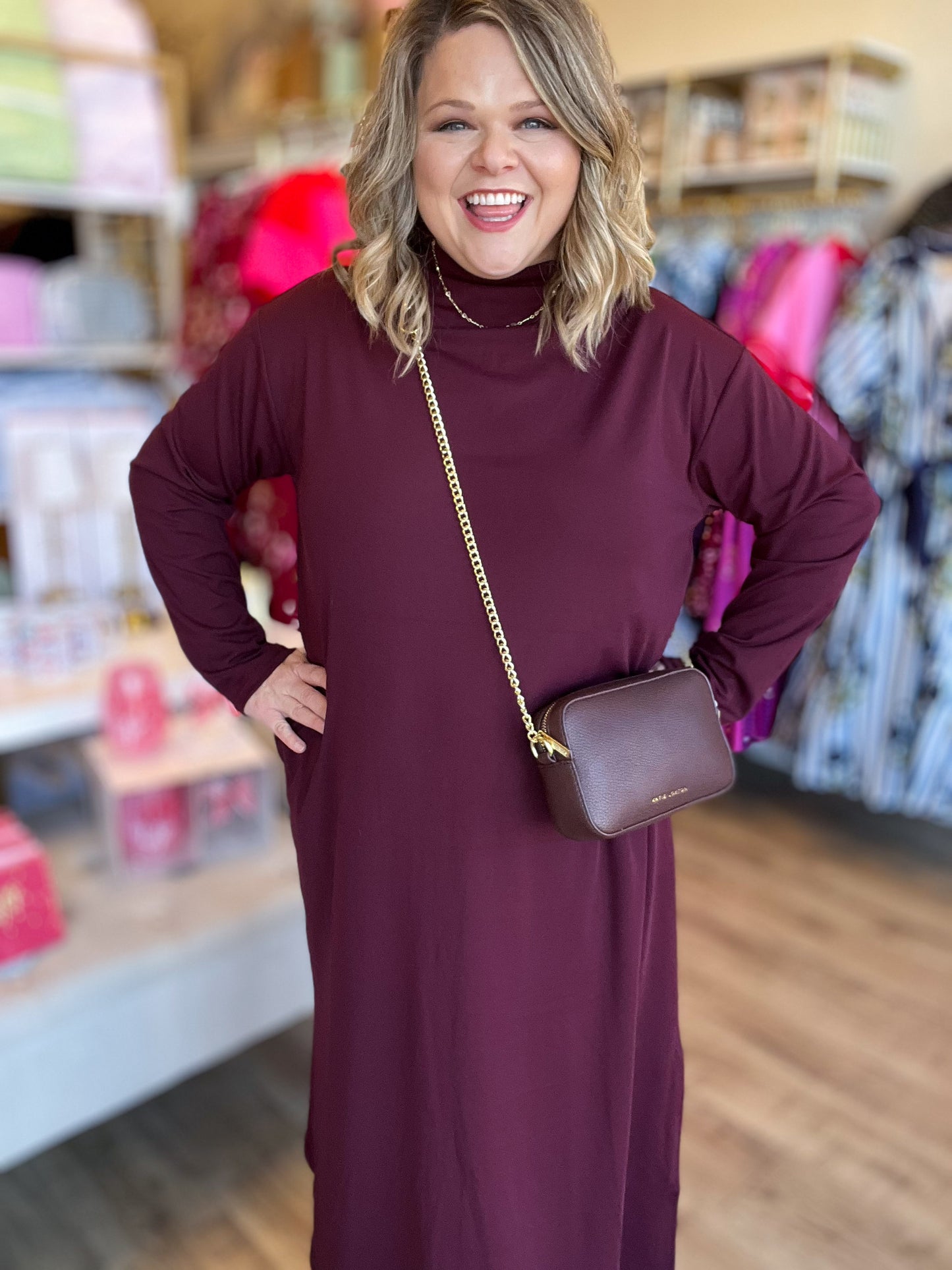 Like a Fine Wine Curvy Burgundy Long Sleeve Midi Dress