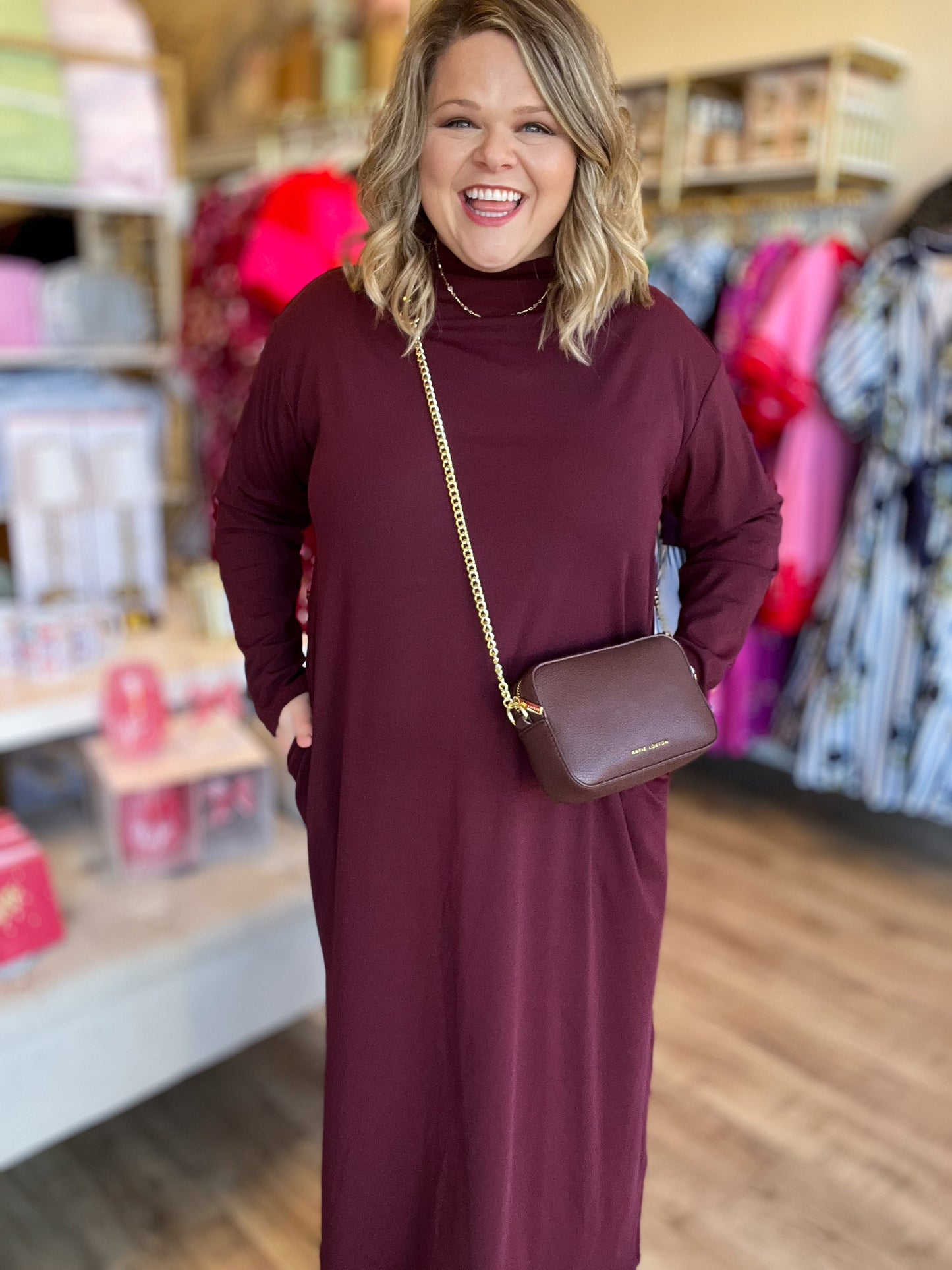 Like a Fine Wine Curvy Burgundy Long Sleeve Midi Dress