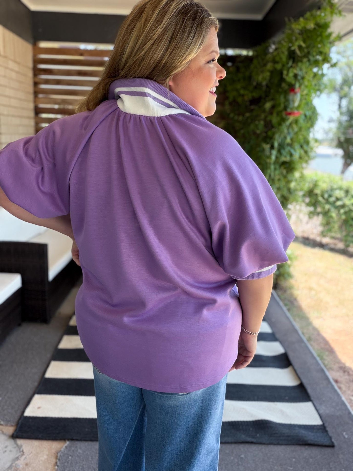 Lilac Luxe Curvy Ribbed Collar Zip Top