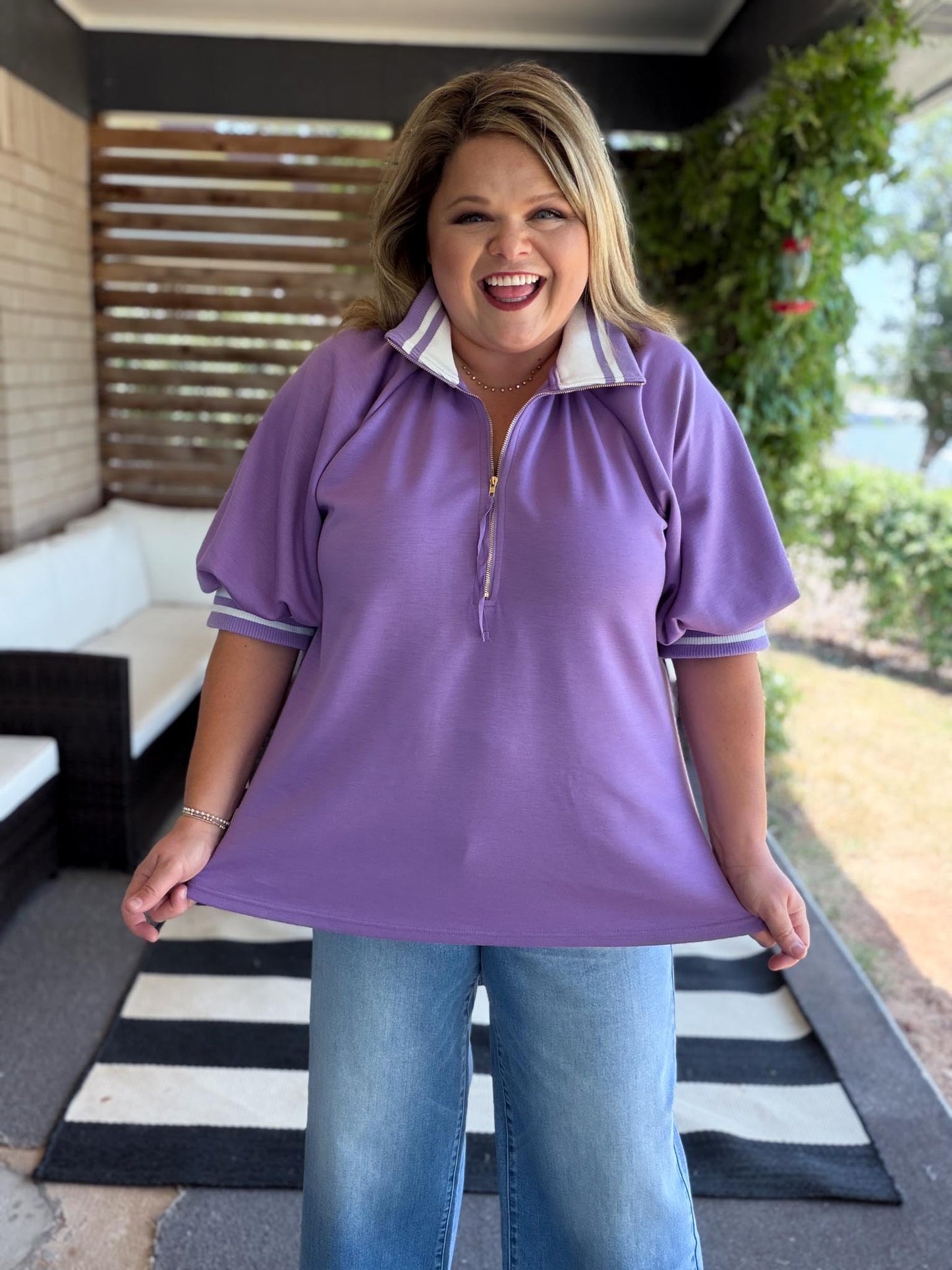 Lilac Luxe Curvy Ribbed Collar Zip Top