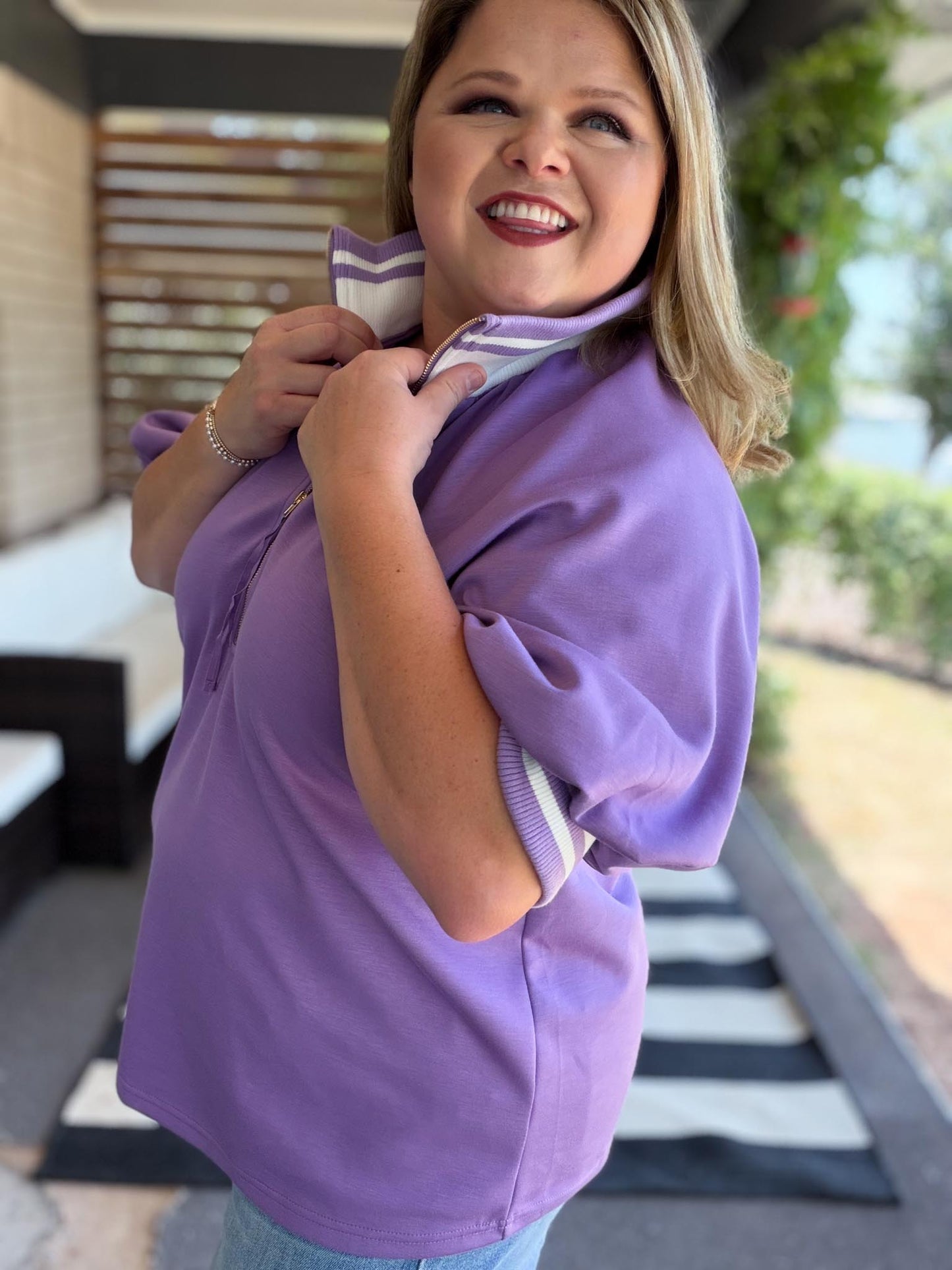 Lilac Luxe Curvy Ribbed Collar Zip Top