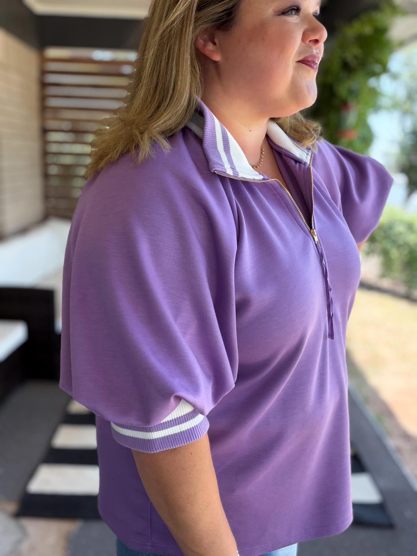Lilac Luxe Curvy Ribbed Collar Zip Top