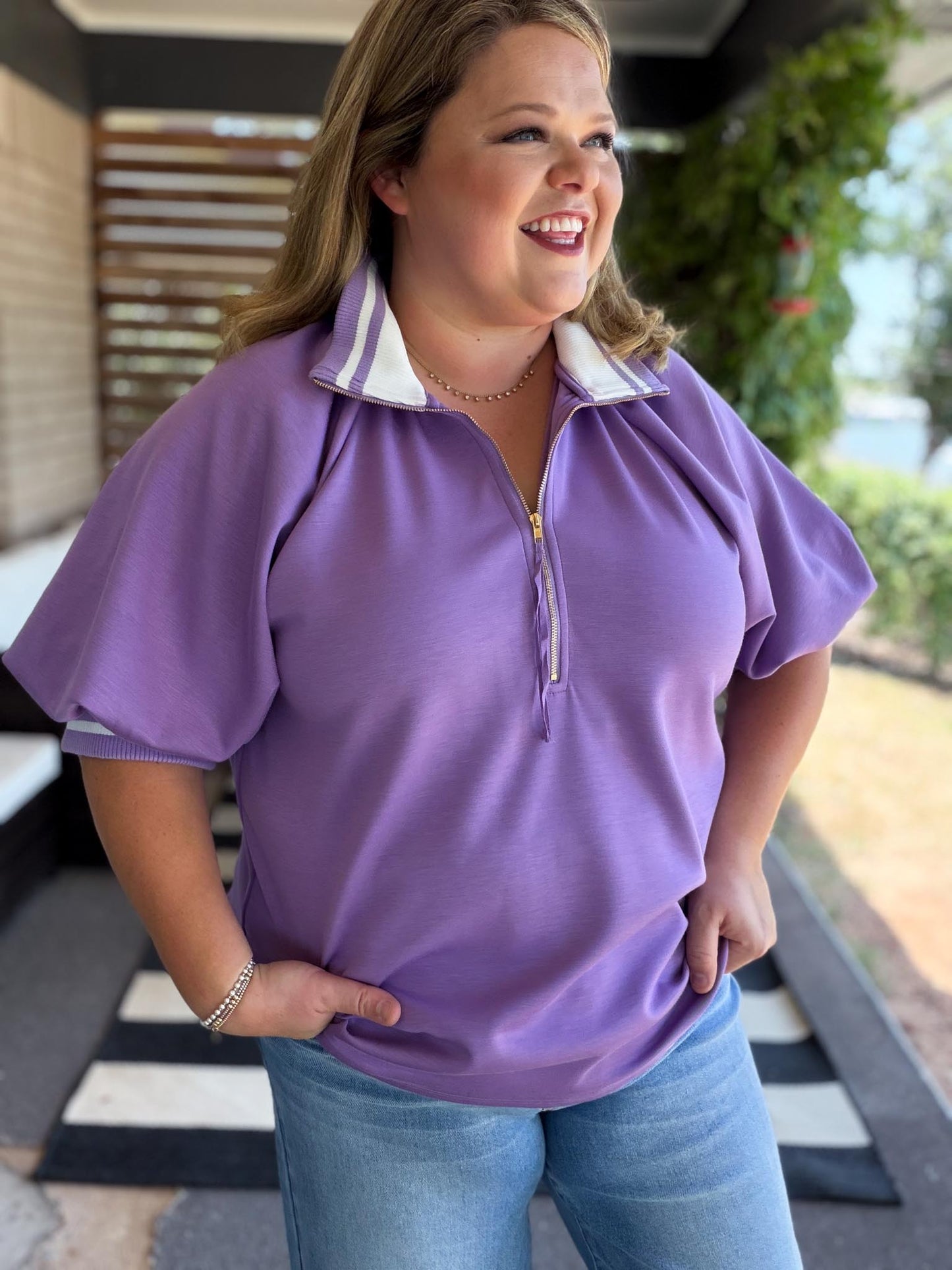 Lilac Luxe Curvy Ribbed Collar Zip Top