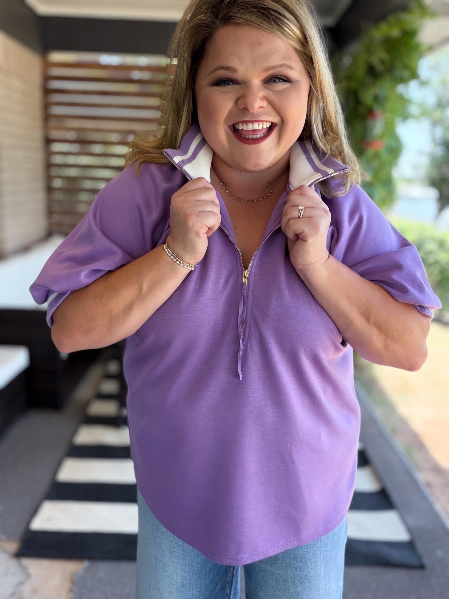 Lilac Luxe Curvy Ribbed Collar Zip Top