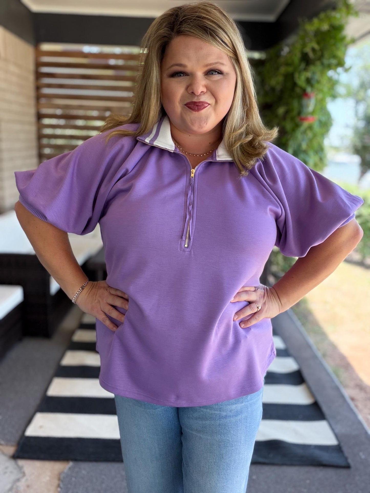 Lilac Luxe Curvy Ribbed Collar Zip Top