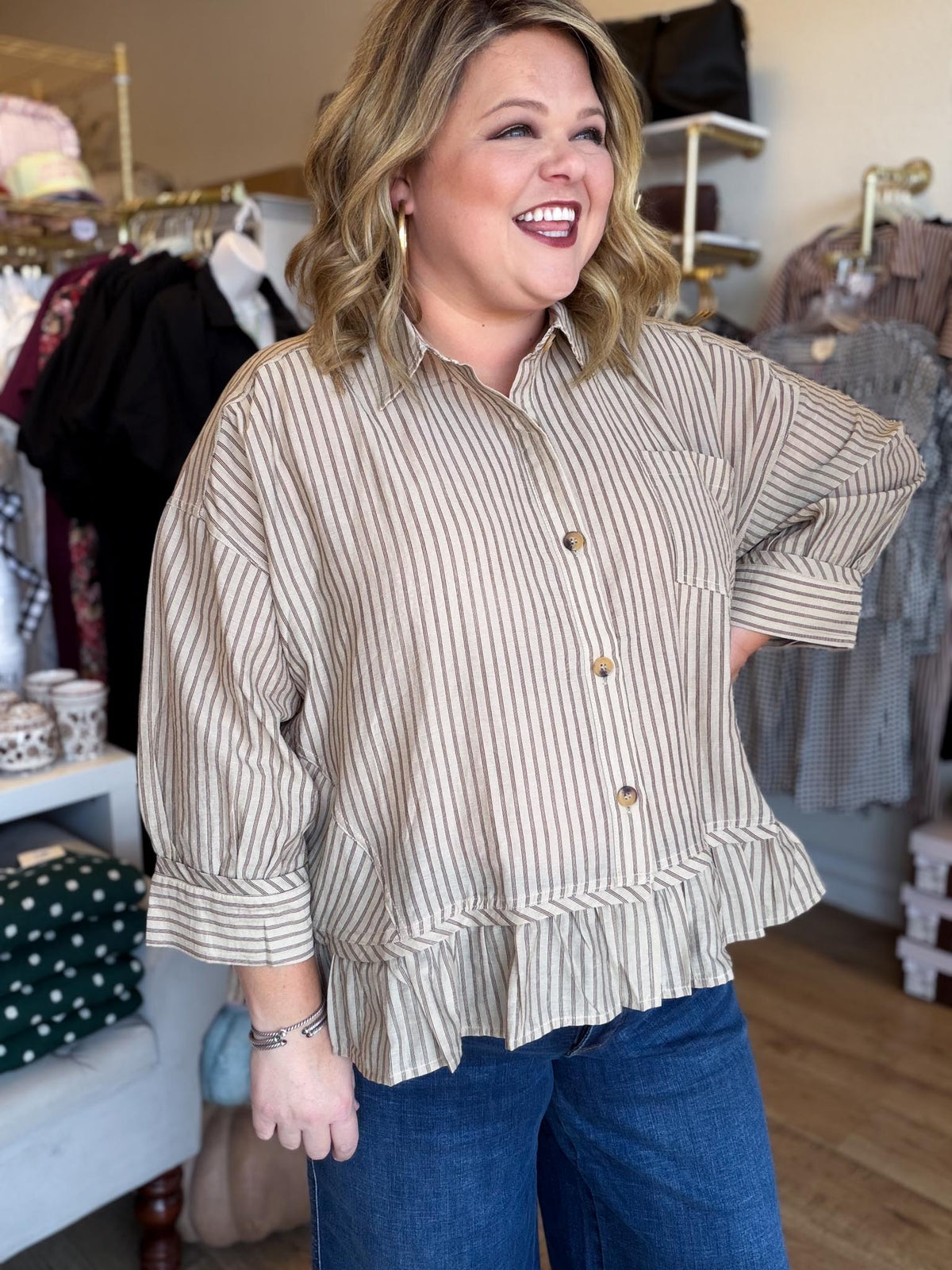 Linen & Lattes Plus-Size Taupe Striped Button Up Top
