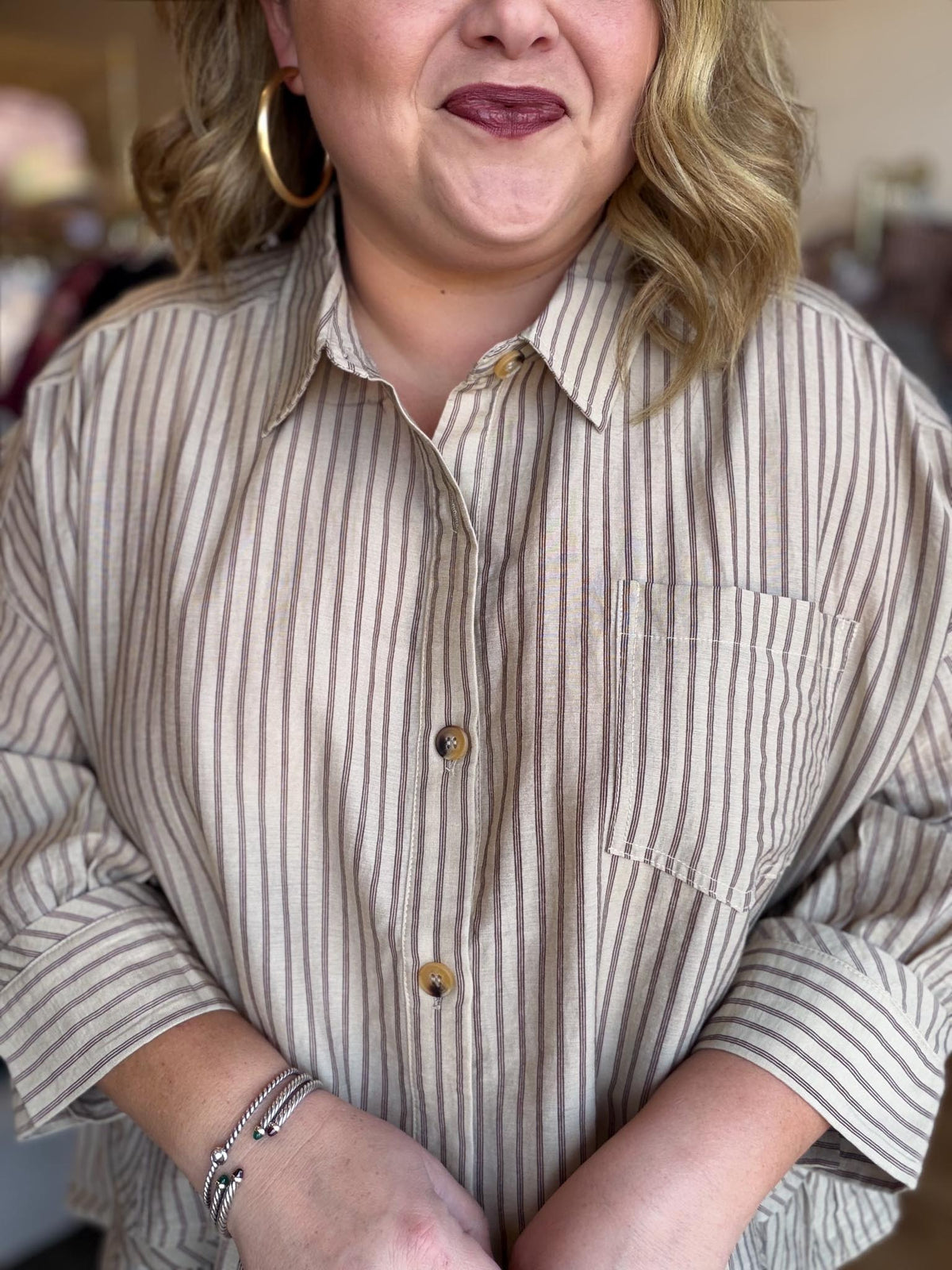 Linen & Lattes Plus-Size Taupe Striped Button Up Top