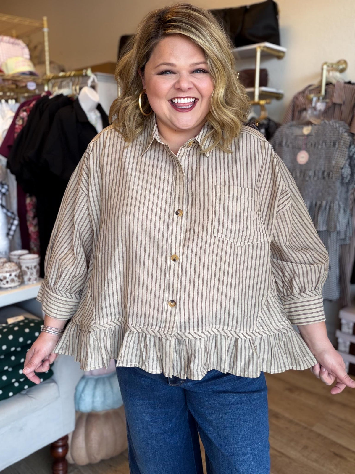 Linen & Lattes Plus-Size Taupe Striped Button Up Top