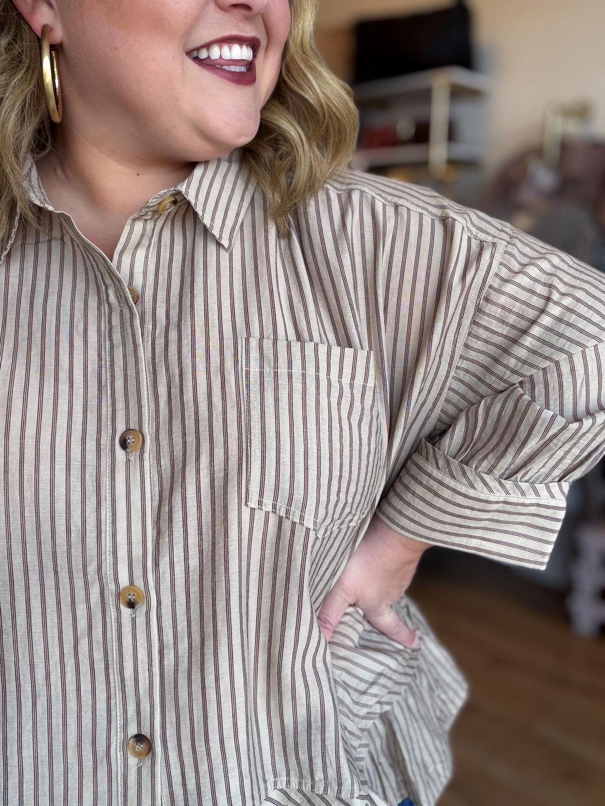 Linen & Lattes Plus-Size Taupe Striped Button Up Top