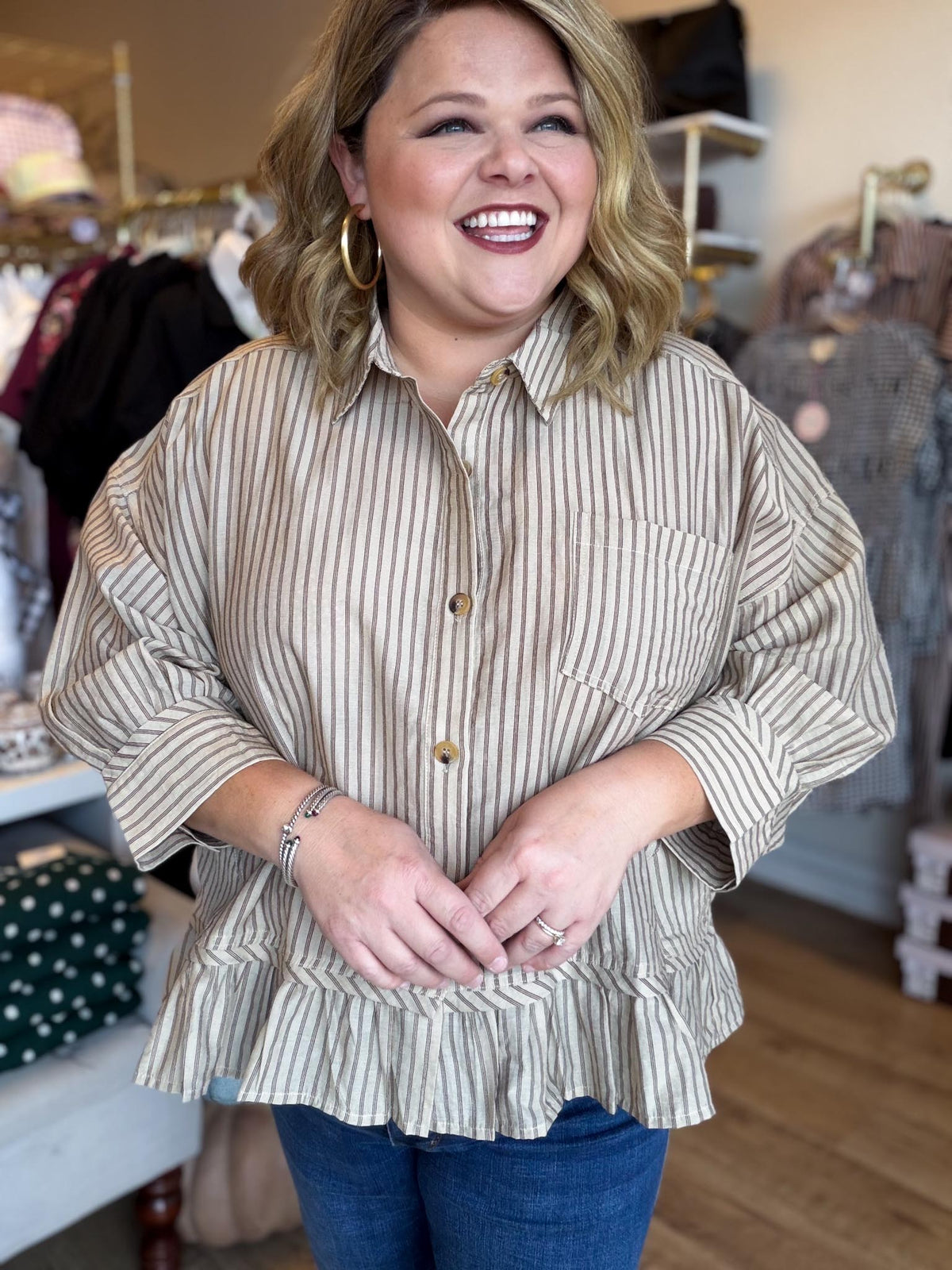 Linen & Lattes Plus-Size Taupe Striped Button Up Top