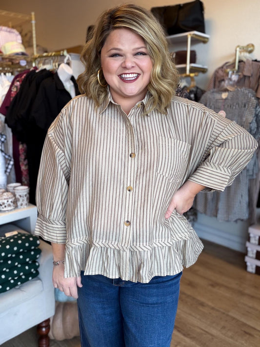 Linen & Lattes Plus-Size Taupe Striped Button Up Top